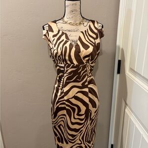 Kay Unger Brown Zebra Print Midi Dress